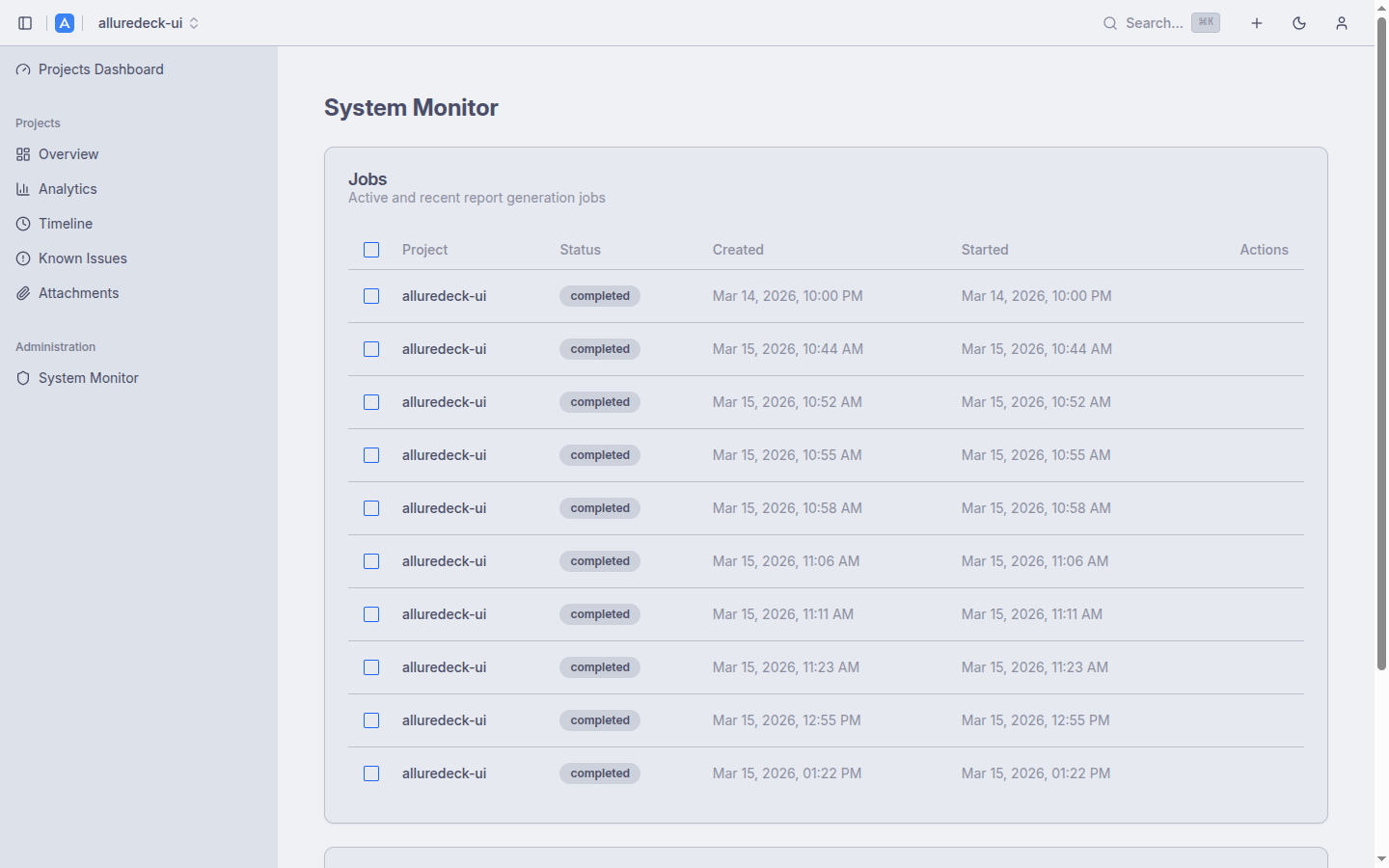 Admin panel system monitor showing job queues and storage stats
