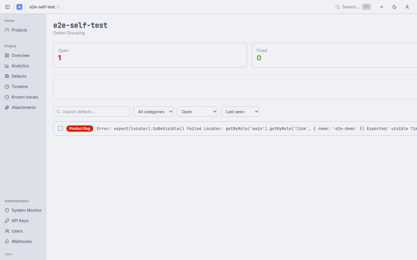 Defects list view showing fingerprint-grouped failure clusters