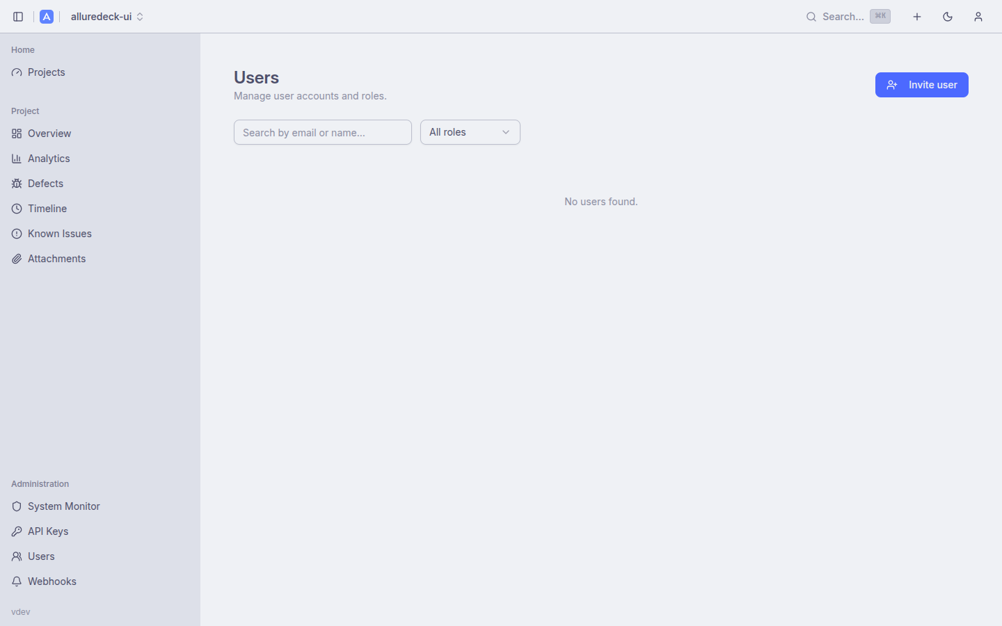 Admin user management panel with role assignment