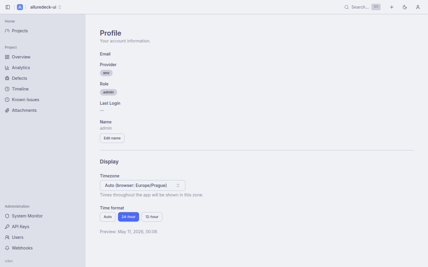 User profile page with timezone and time format preferences