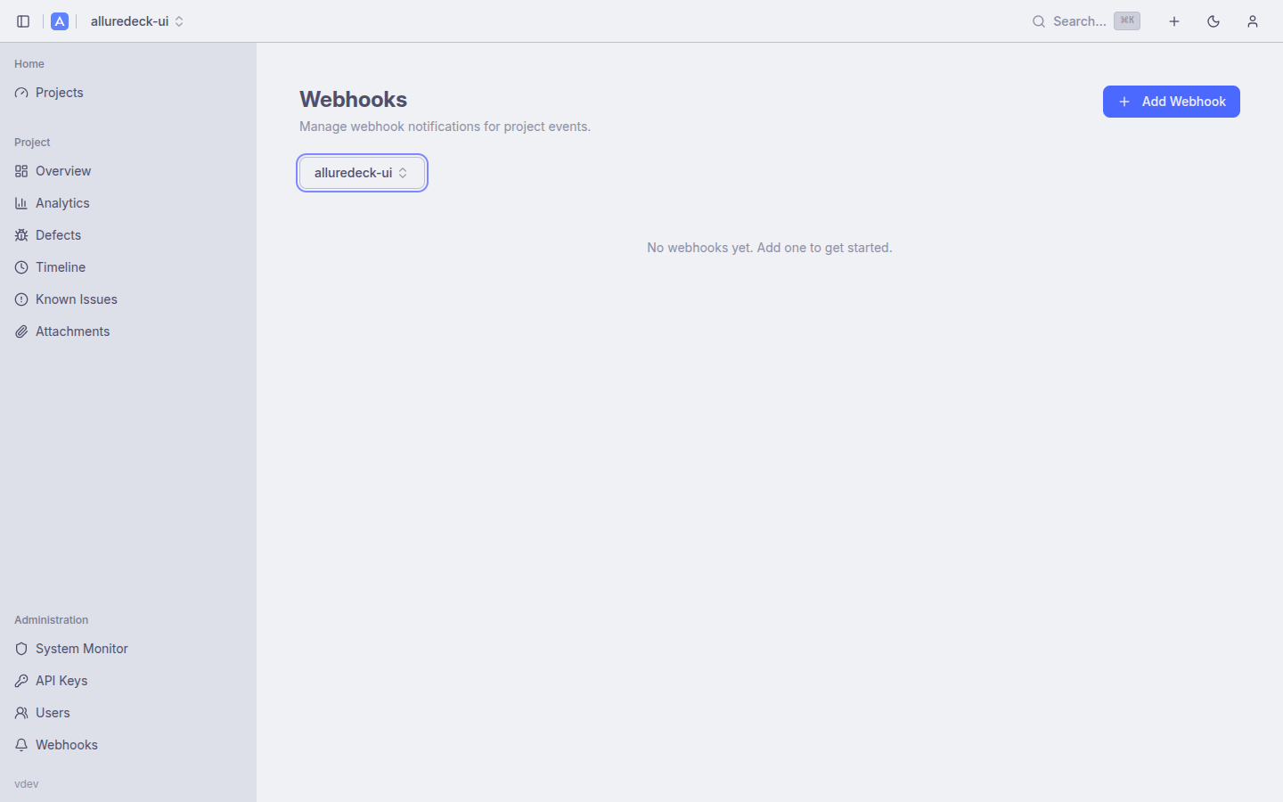 Webhooks list showing configured notification targets